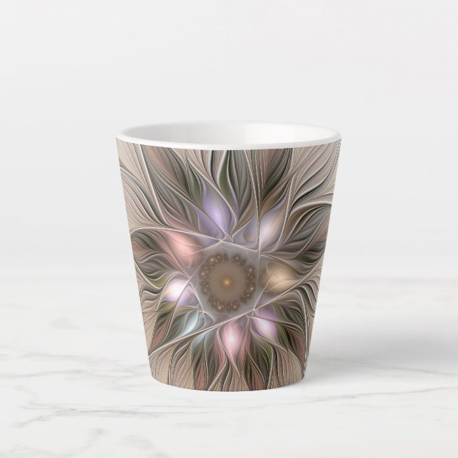 Tasse Latte Joyeuse Fleur Abstrait Beige Brown Floral Fractal (Devant)