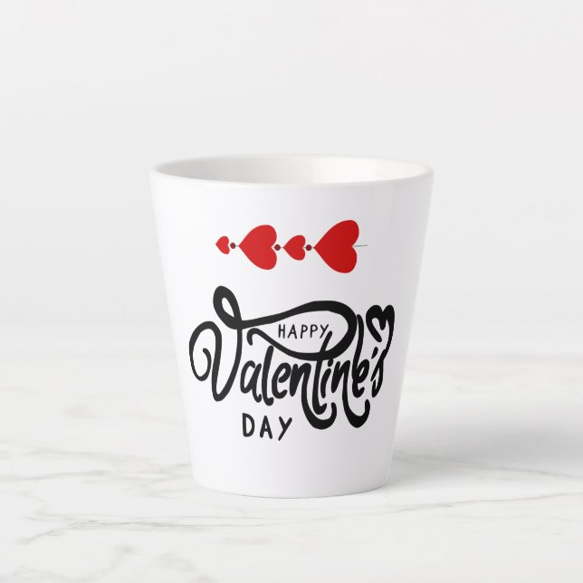Tasse Latte Joyeuse Saint-Valentin calligraphie Cœurs Rouges F (Devant)