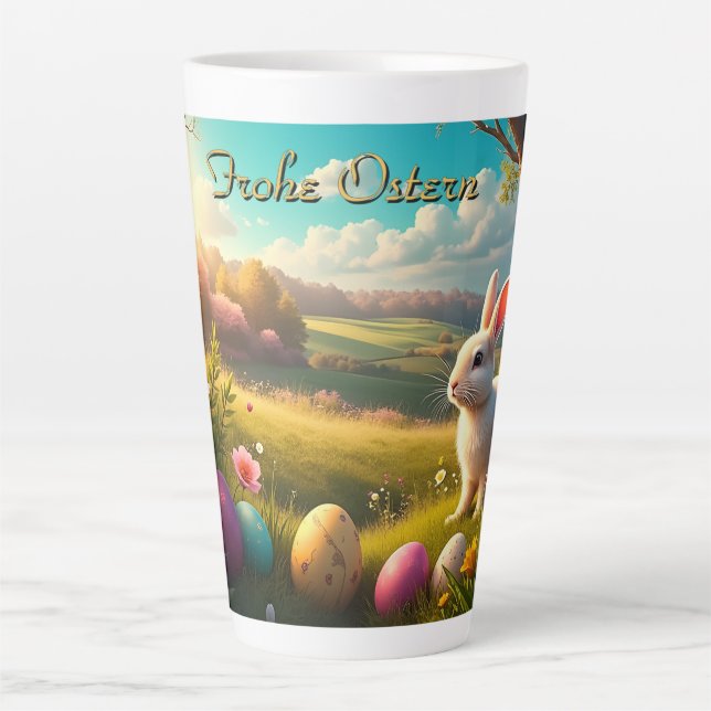 Tasse Latte Joyeuses Pâques dans un paysage printanier (Devant)