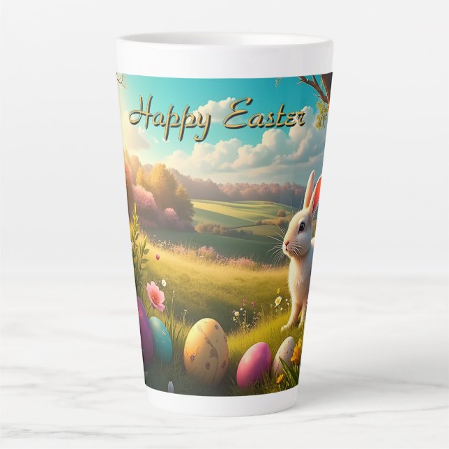 Tasse Latte Joyeuses Pâques dans un paysage printanier (Devant)