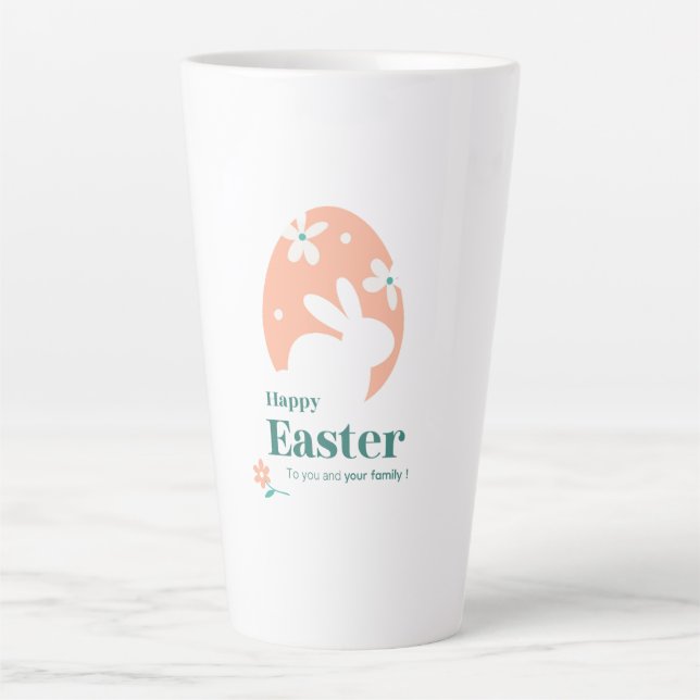 Tasse Latte Joyeuses Pâques – Lapin & Œuf Décor Floral (Devant)