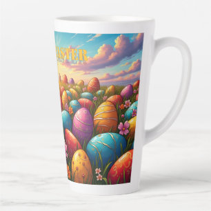 Tasse Latte Joyeuses Pâques Œufs Colorés dans une Prairie Prin