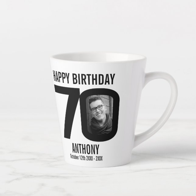 Tasse Latte Joyeux anniversaire 70 nom et deux photos de l'ann (Droite)