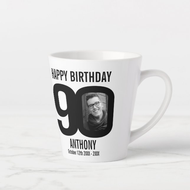 Tasse Latte Joyeux anniversaire 90 nom et deux photos de l'ann (Droite)