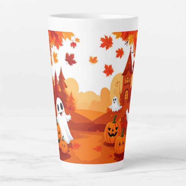 Tasse Latte Joyeux Halloween Citrouille Fantôme Forêt 🎃 (Devant)