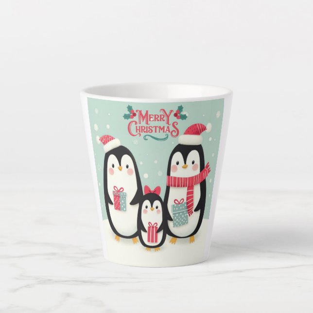 Tasse Latte Joyeux manchots enneigés de Noël (Devant)