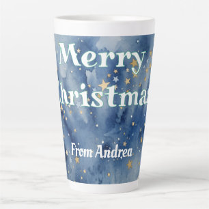 Tasse Latte joyeux noël bleu blanc étoiles aquarelle jaune
