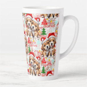 Tasse Latte Joyeux Noël Chapeau de Père Noël Design Chien - Bl