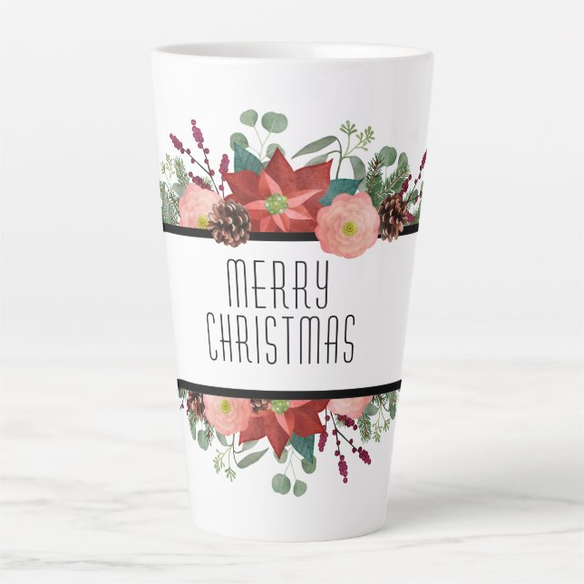 Tasse Latte Joyeux Noël, Design Floral Traditionnel (Devant)
