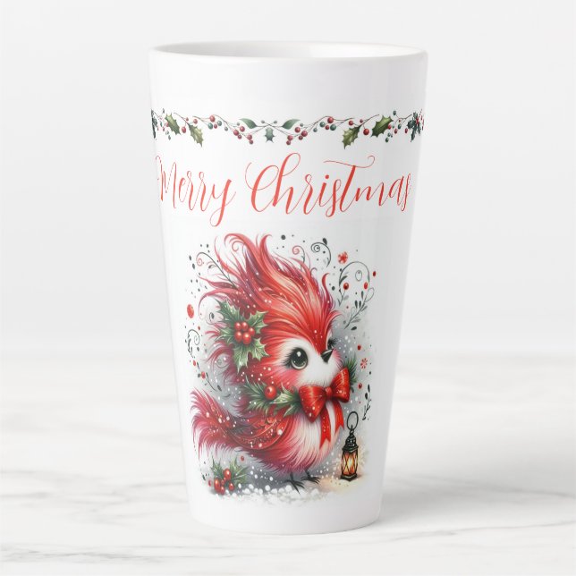 Tasse Latte Joyeux Noël écriture avec oiseau de fête fantaisis (Devant)