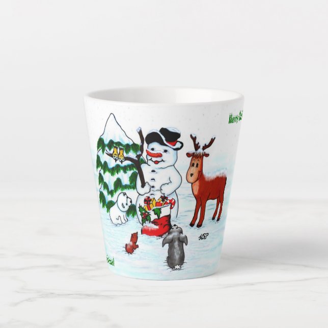 Tasse Latte Joyeux Noël ! Snowman avec amis (Devant)