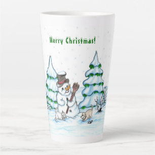 Tasse Latte Joyeux Noël ! Snowman avec chat et chiot