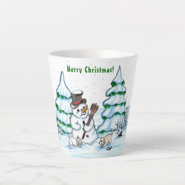 Tasse Latte Joyeux Noël ! Snowman avec chat et chiot (Devant)
