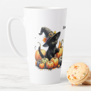 Tasse Latte Kitten d'Halloween noir avec Citrouilles et Casque