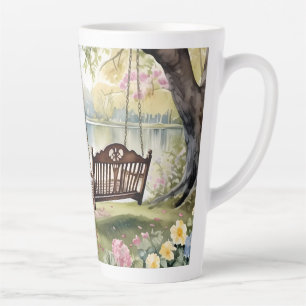 Tasse Latte Lakeside Swing dans le jardin d'aquarelle romantiq