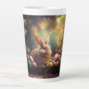 Tasse Latte Lapin de Pâques heureux avec des œufs de Pâques