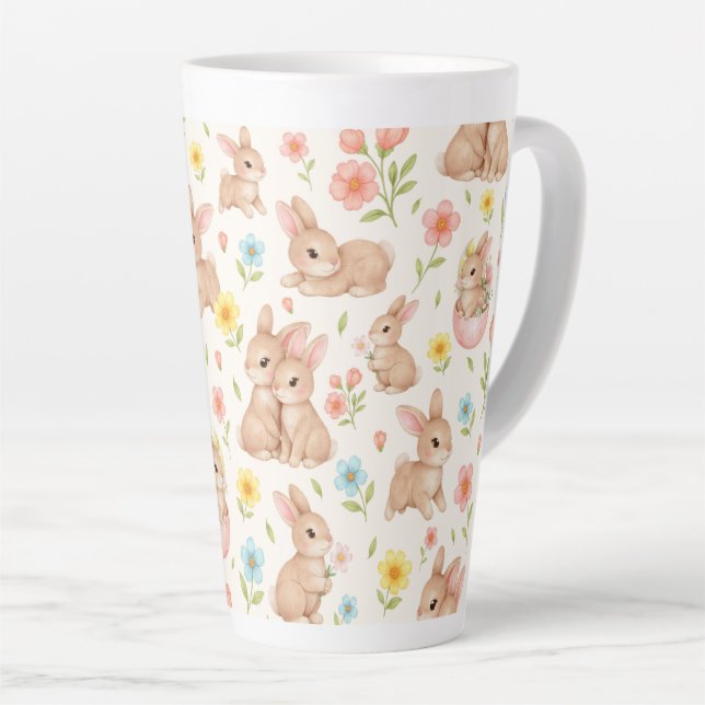 Tasse Latte Lapins mignons et motif de fleurs (Angle droit)