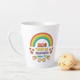 Tasse Latte latte cup with a rainbow design and a religious ph