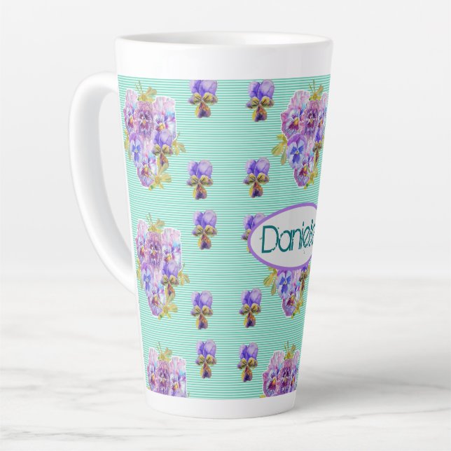 Tasse Latte Latte florale Shabby Chic Turquoise Aqua Pansy (Angle gauche)