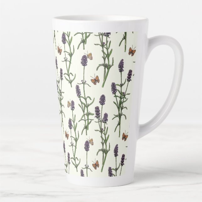 Tasse Latte Lavande et papillons sur blanc (Droite)