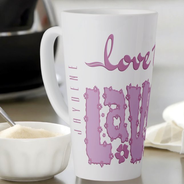 Tasse Latte Lavender Floral Chunky Text Slogan With Name (Customize it with any name printed vertically down the side for a unique, one-of-a-kind feel. )