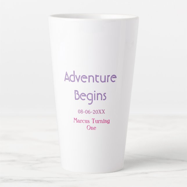 Tasse Latte L'aventure commence date nom 1er anniversaire simp (Devant)