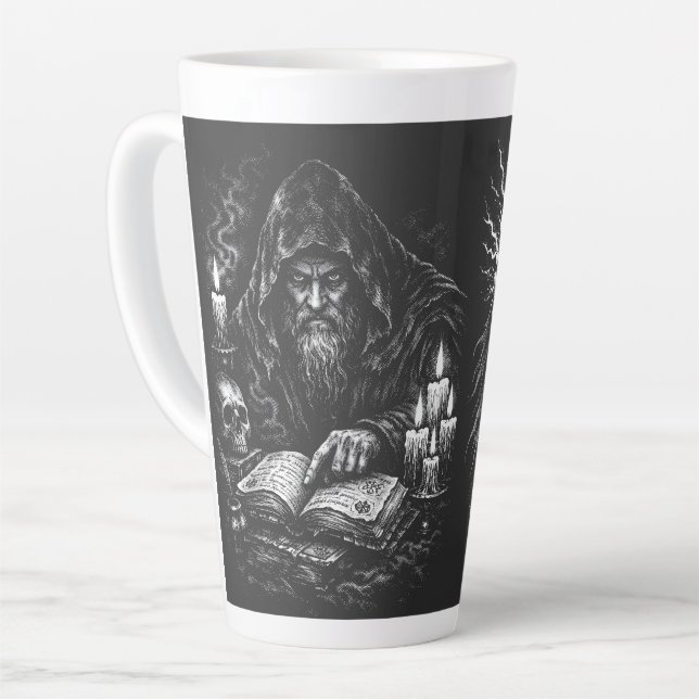 Tasse Latte Le Magicien Étudiant le Grimoire — par BurnsInHell (Angle gauche)