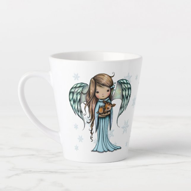 Tasse Latte Le mignon Angel tenant Fawn dans les flocons de ne (Gauche)