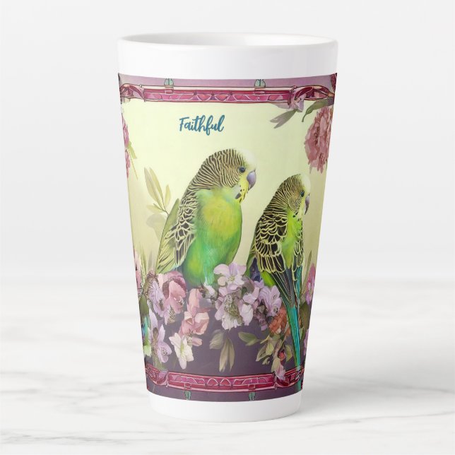 Tasse Latte Les perruches fidèles et les fleurs roses (Devant)