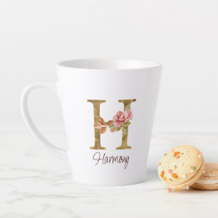 Tasse Latte Lettre de nom personnalisée H Rose rose blush feui