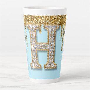 Tasse Latte Lettre H de luxe en diamant sur fond de paillettes