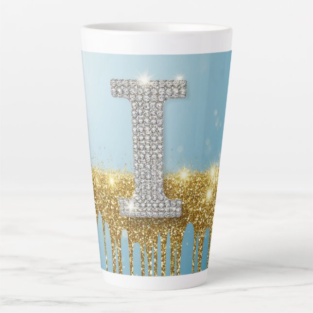 Tasse Latte Lettre I de luxe en diamant sur fond de paillettes (Devant)