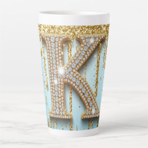 Tasse Latte Lettre K de luxe en diamant sur fond de paillettes