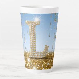 Tasse Latte Lettre L sur fond pailleté or avec scintillement