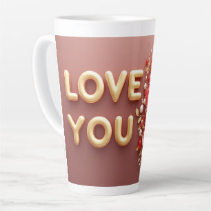 Tasse Latte Lettres dorées Love You avec perle florale rouge