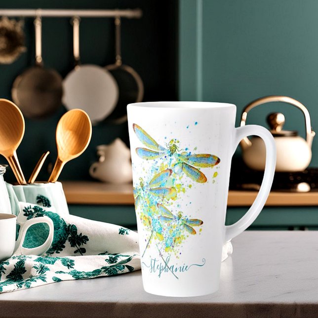 Tasse Latte Libellule sarcelle éclaboussure personnalisée  (Créateur téléchargé)