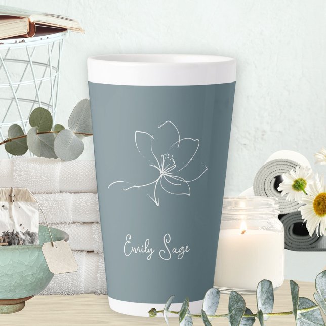 Tasse Latte Ligne artistique florale d'ivoire bleu côtier mini (Minimalist Floral Line Art Zen Ivory Coastal Blue Latte Mug ©Susanne Sachers - Sunny Wanderlust 🌞✈️)