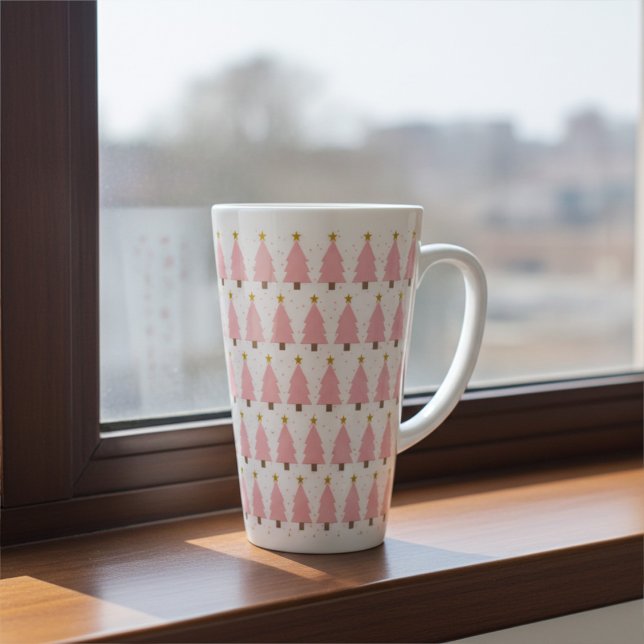 Tasse Latte Lignes élégantes de Noël rose, étoiles d'or (Créateur téléchargé)