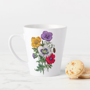Tasse Latte Lilac Rouge Blanc Jaune Poppies & Feuilles verts