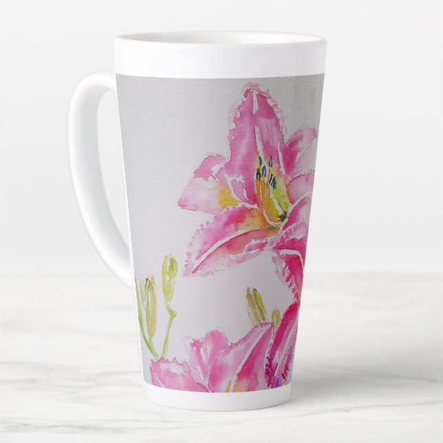 Tasse Latte Lilium floral à fleurs roses Aquarelle d'art (Angle gauche)