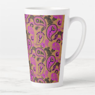 Tasse Latte Linocut Paisley Traditionnel Vivid Moutard Rose