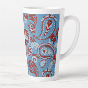 Tasse Latte Linocut traditionnel Paisley Rouge Bleu Blanc