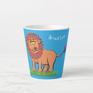 Tasse Latte Lion joyeux avec dessin animé de papillon