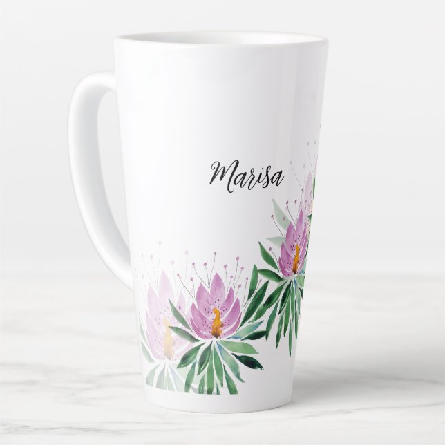 Tasse Latte Lotus Flowers Bloom Lilac Violet Watercolor (Angle gauche)