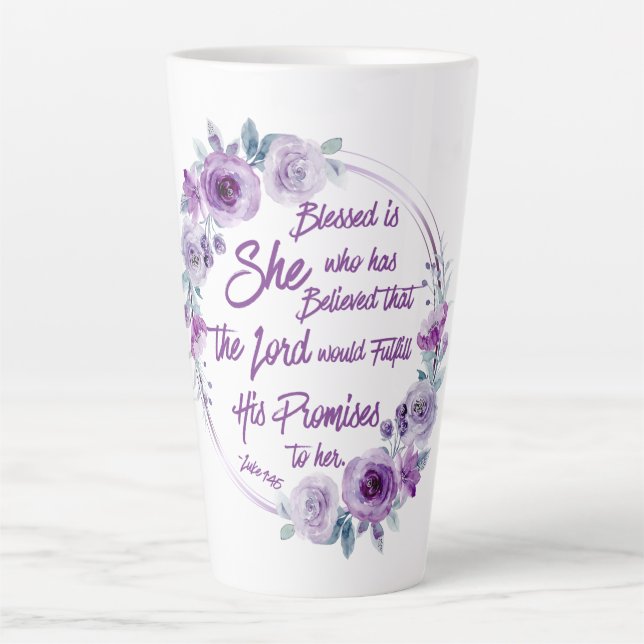 Tasse Latte Luc 1:45 Béni est Elle Florale violette (Devant)
