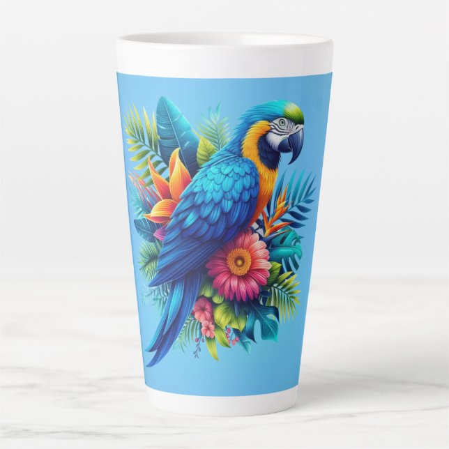 Tasse Latte Macaw tropicale bleue et colorée (Devant)