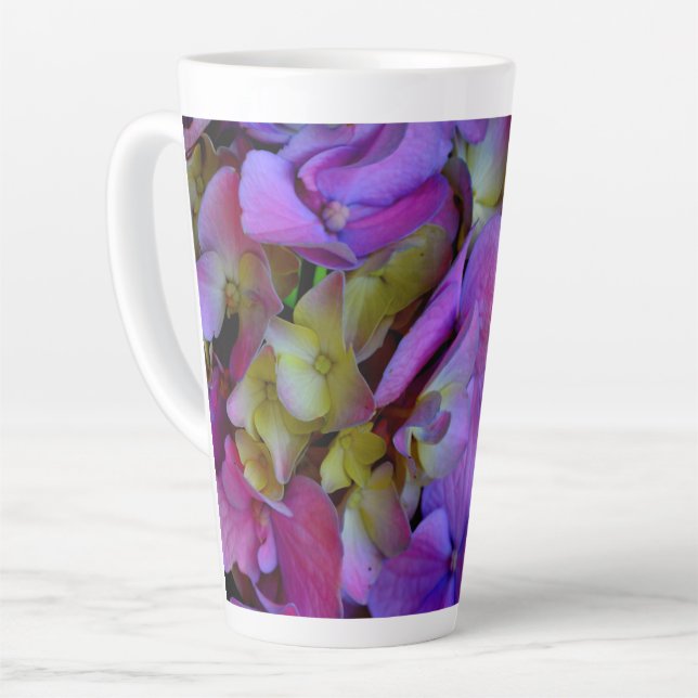 Tasse Latte Magenta Purple bleu jaune Hydrangeas fleurs (Angle gauche)