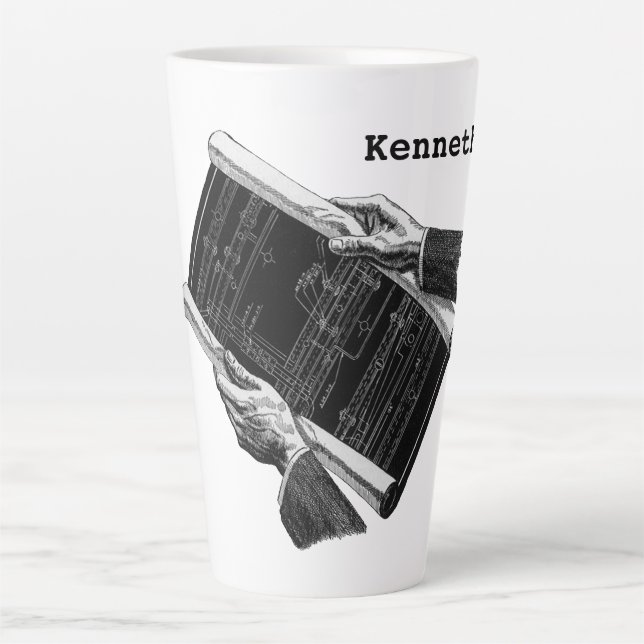 Tasse Latte Mains avec plans architecturaux bleus, entreprise  (Devant)