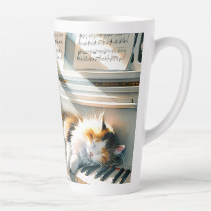 Tasse Latte Maison de Rêve au Piano Ensoleillé avec Chat Cotta