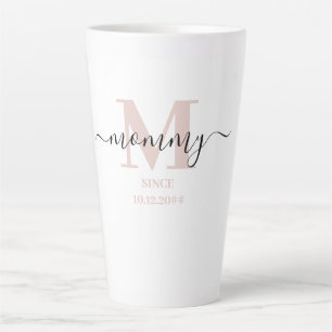 Tasse Latte Maman Elegant Script Monogramme Rose Subtil